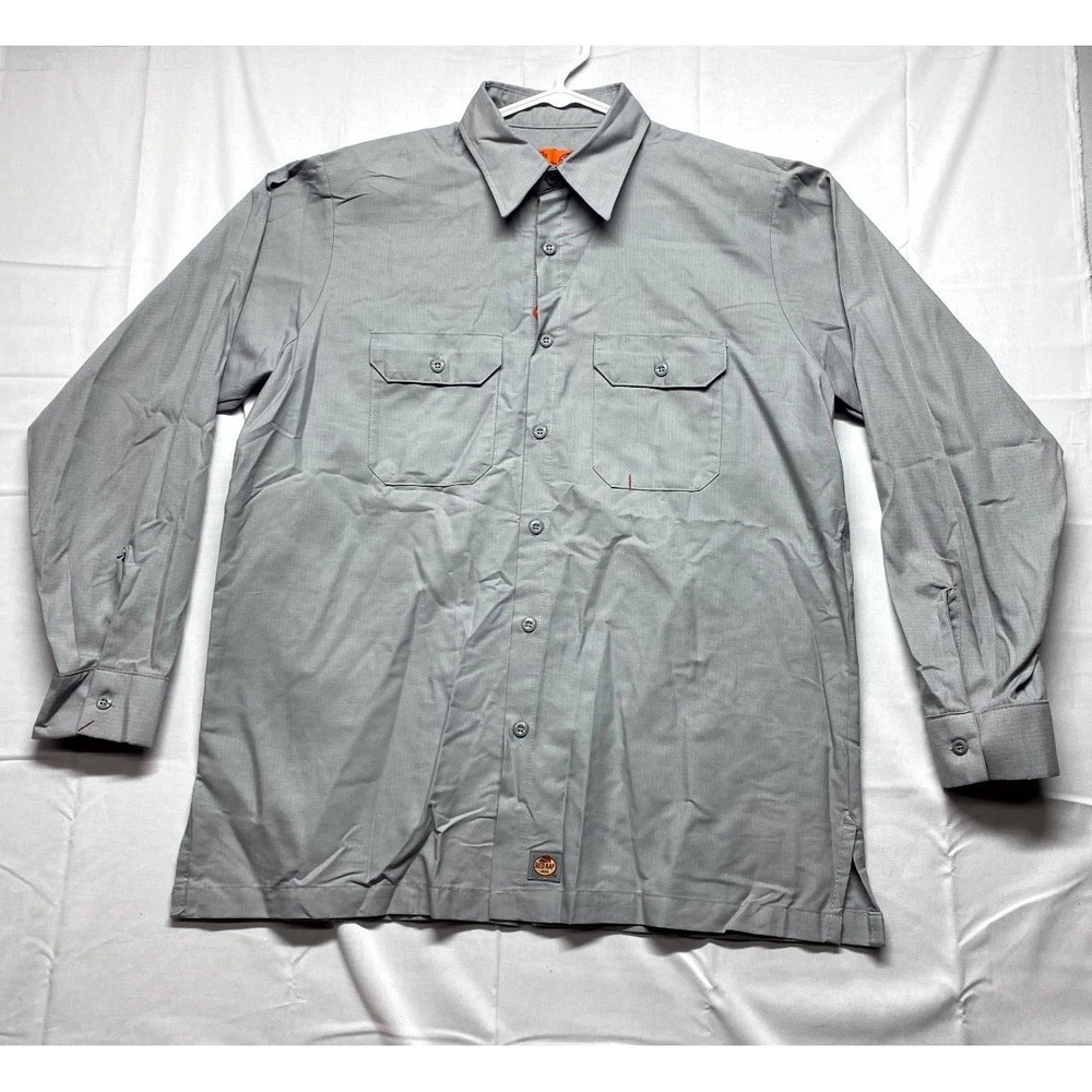 Red Kap Shirt Men Large Gray Cotton Patch Pockets Long Sleeve Workwear Button Up